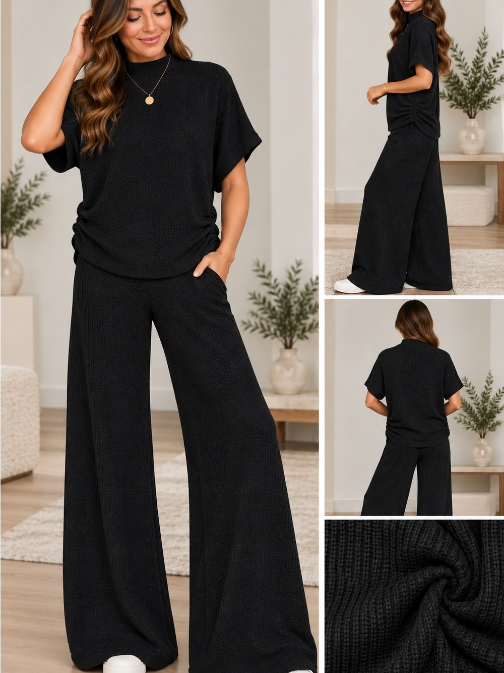 Zenana, Cozy Soft Waffle Knit Wide-Leg Pants Set . Black